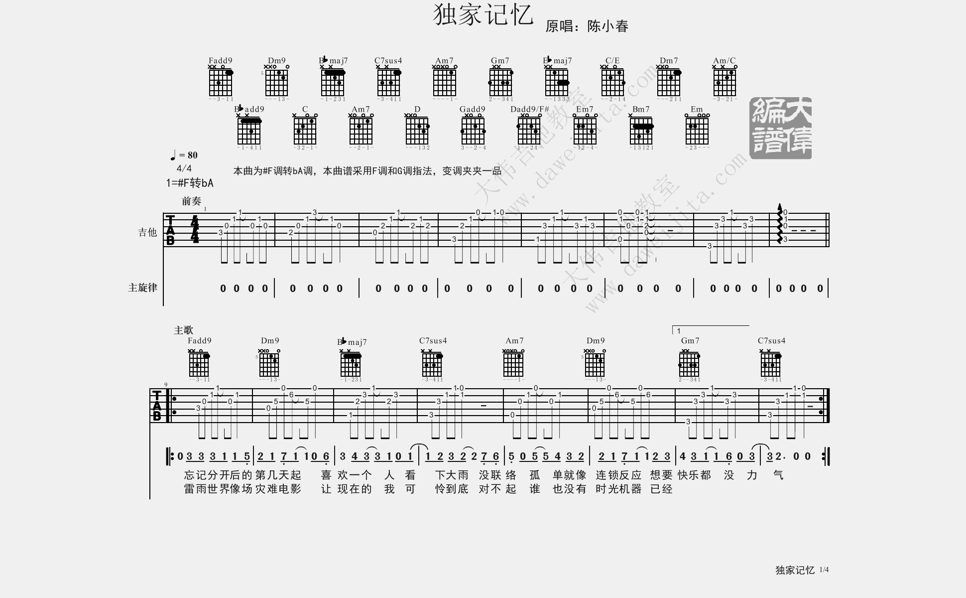 独家记忆吉他谱_1