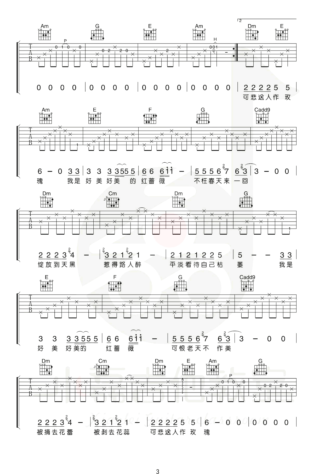 红蔷薇吉他谱_3