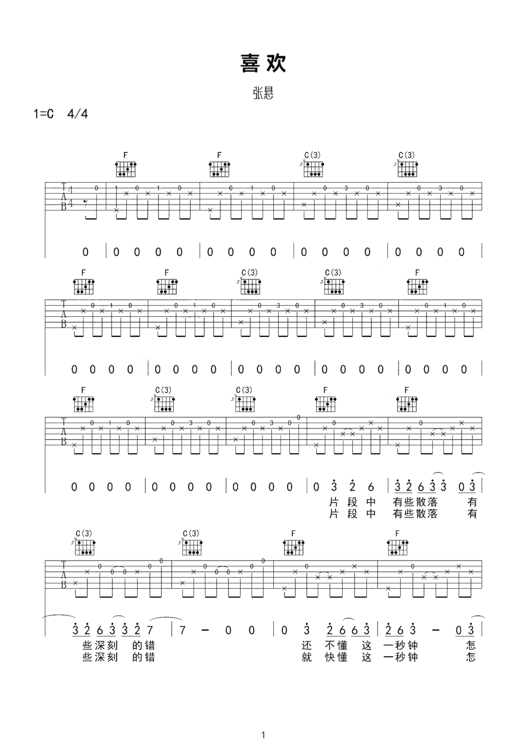 喜欢吉他谱_1